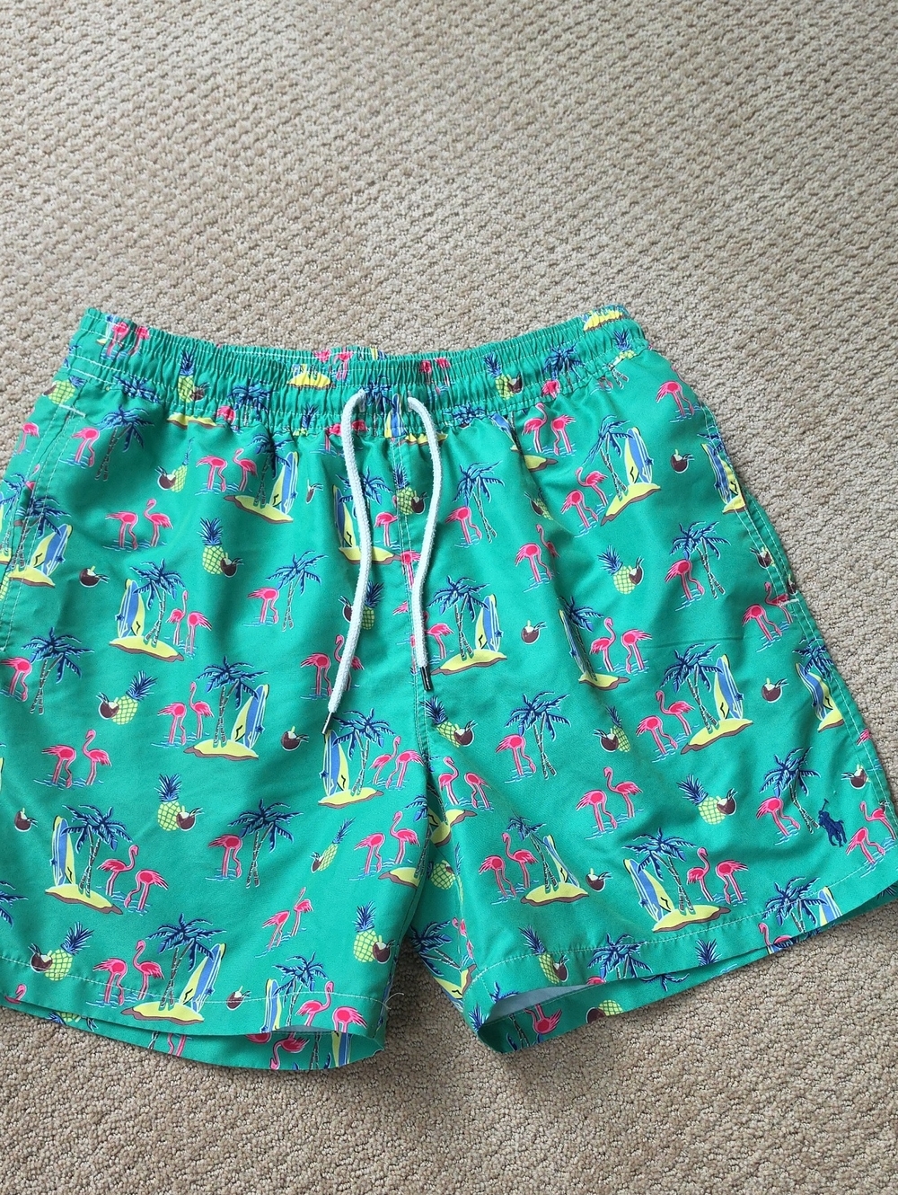 Ralph Lauren Green Tropical Flamingo Print Swim Trunks - MED